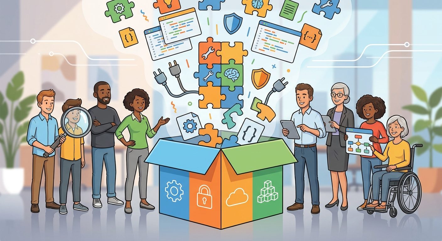 Cartoon developer team organizing GitHub Copilot Agent Plugins, skills, and MCP servers into safe reusable packages