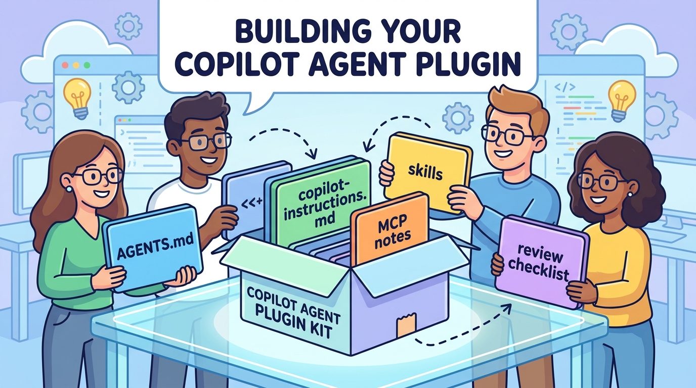 Cartoon developer team organizing GitHub Copilot agent plugin instructions into AGENTS.md, skills, MCP notes, and review gates