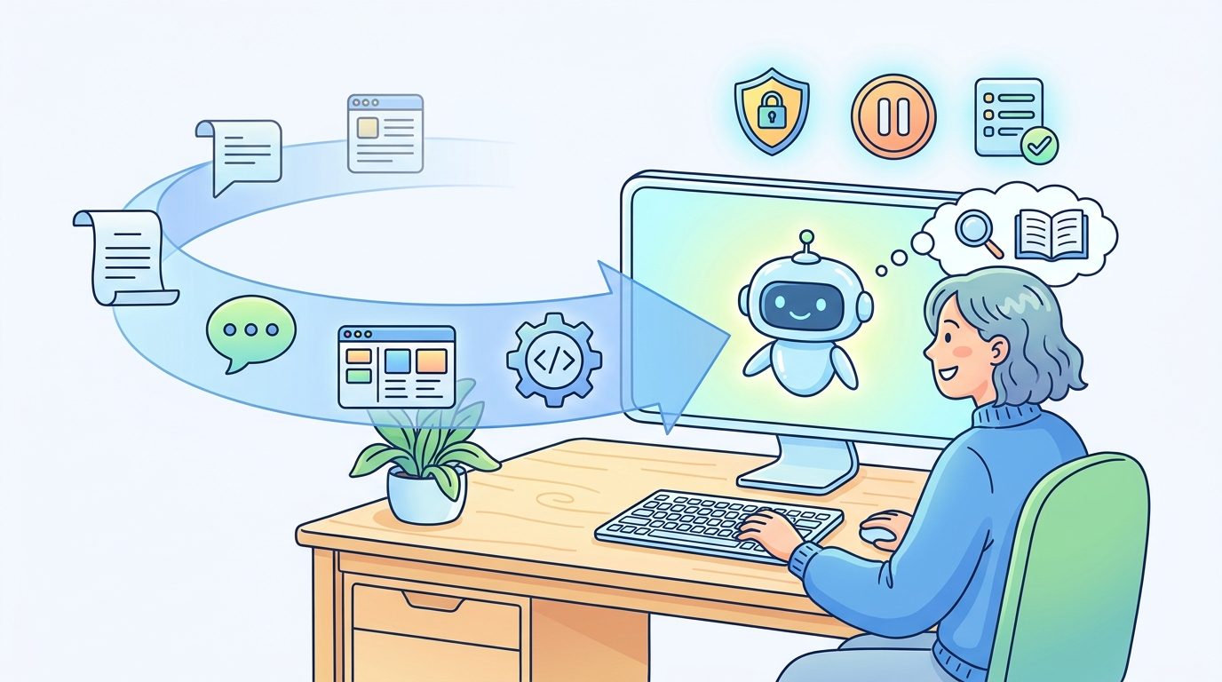 Cartoon Mac user reviewing a privacy-controlled Computer History timeline that helps ChatGPT and Codex find earlier work