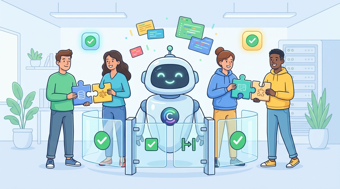 Cartoon developer team safely connecting Claude Code plugins to an AI coding workflow