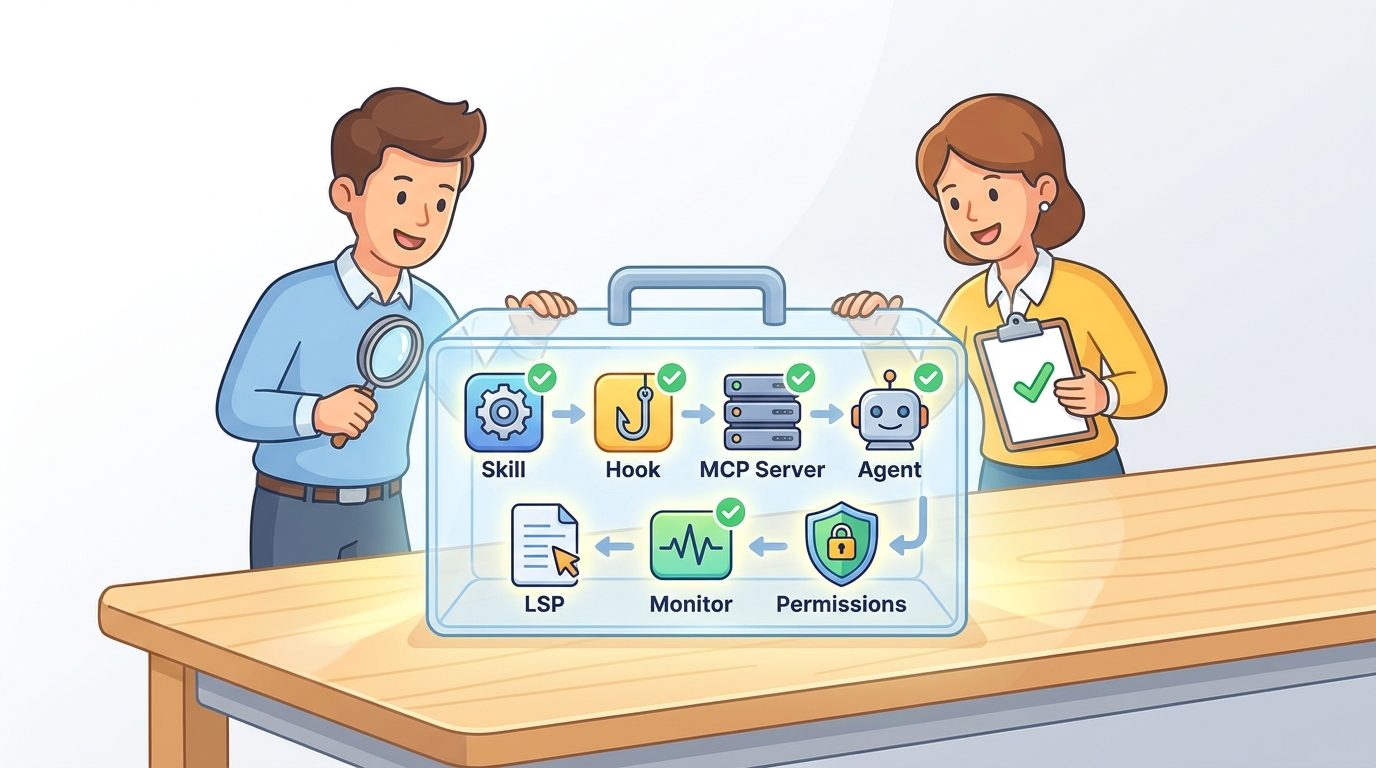 Cartoon team inspecting Claude Code plugin components including skills hooks MCP servers agents LSP and monitors