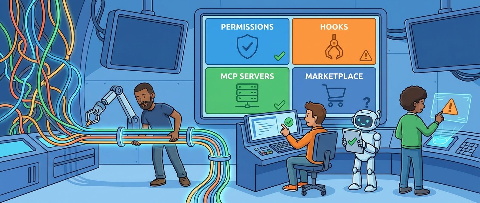 Cartoon developer debugging a Claude Code plugin control room with permissions, hooks, MCP servers, and marketplace panels