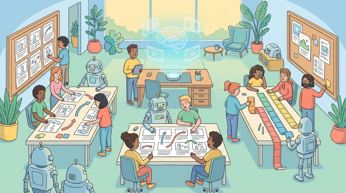 Cartoon creators and developers planning Gemini Omni Flash AI video scenes with storyboards and camera paths