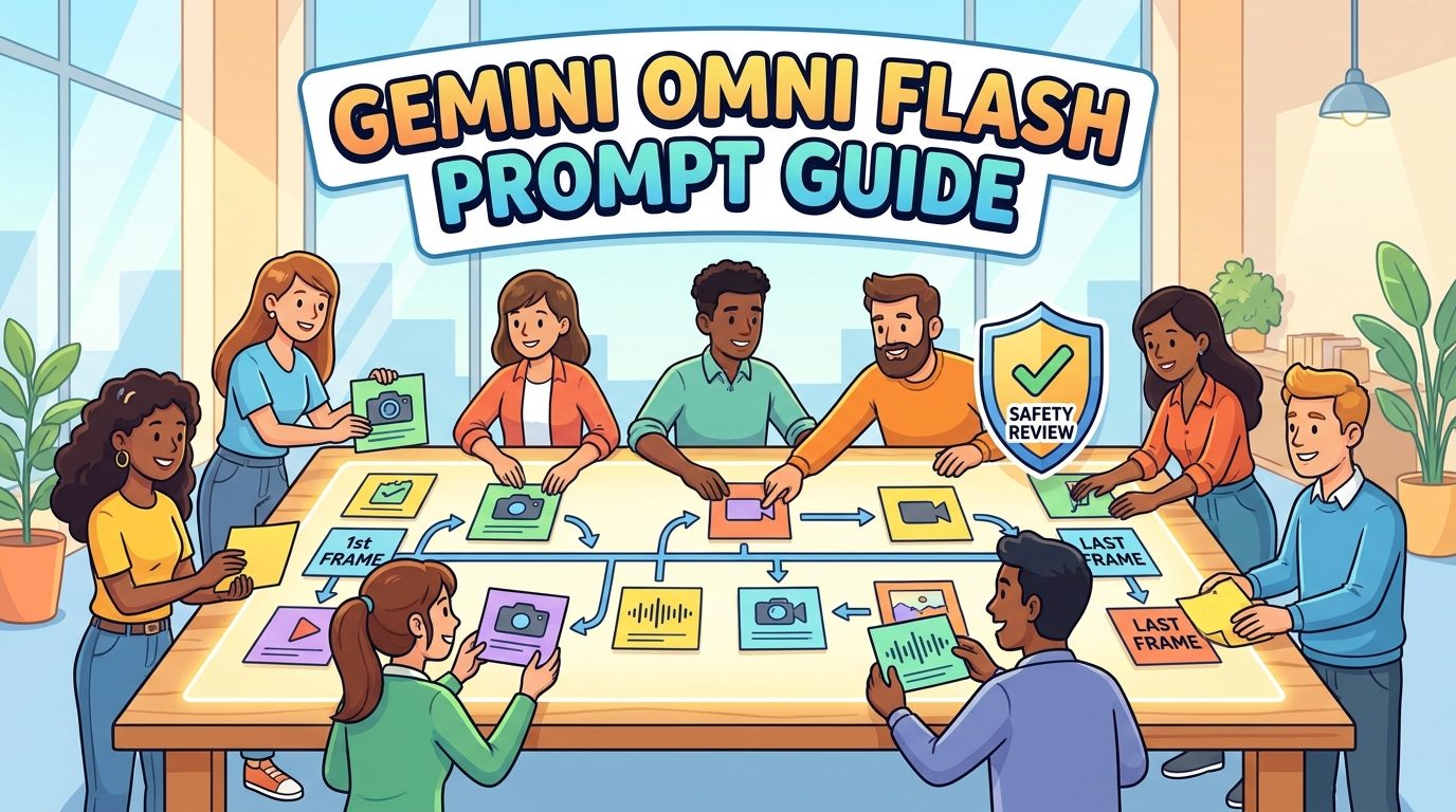Cartoon creators and developers arranging Gemini Omni Flash video prompts into a storyboard timeline