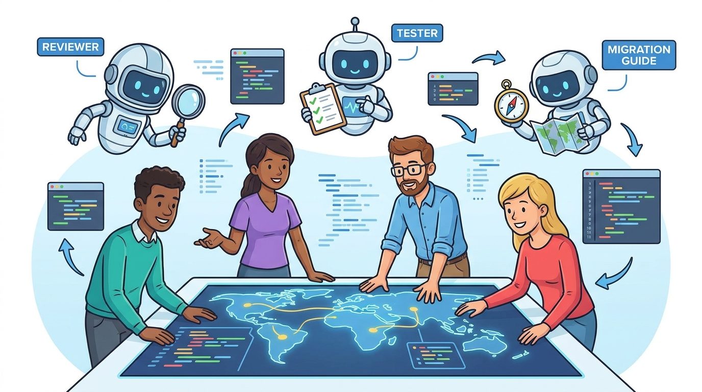 Cartoon software team using GitHub Copilot custom agents in Visual Studio to coordinate code review testing and migration workflows