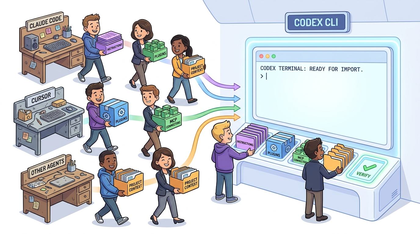 Cartoon developers moving instructions, plugins, and project context from older AI coding tools into a clean OpenAI Codex workspace