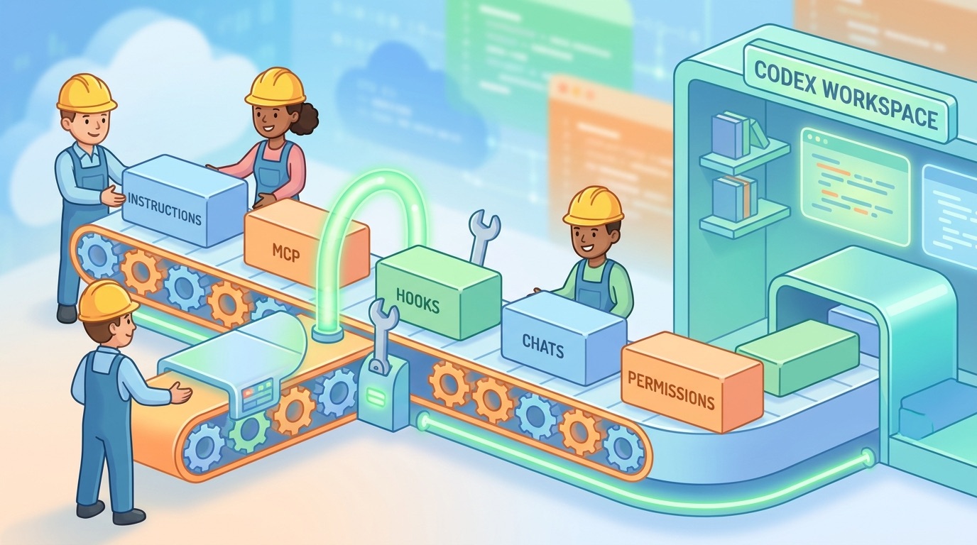 Cartoon developers troubleshooting Codex import with instructions MCP hooks chats and permissions moving into a clean workspace
