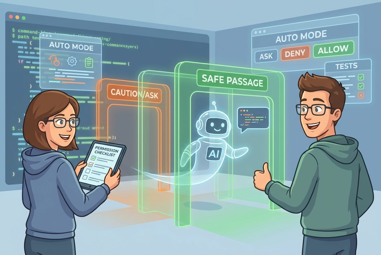 Cartoon developers using Claude Code Auto Mode with permission guardrails and safe agent checkpoints