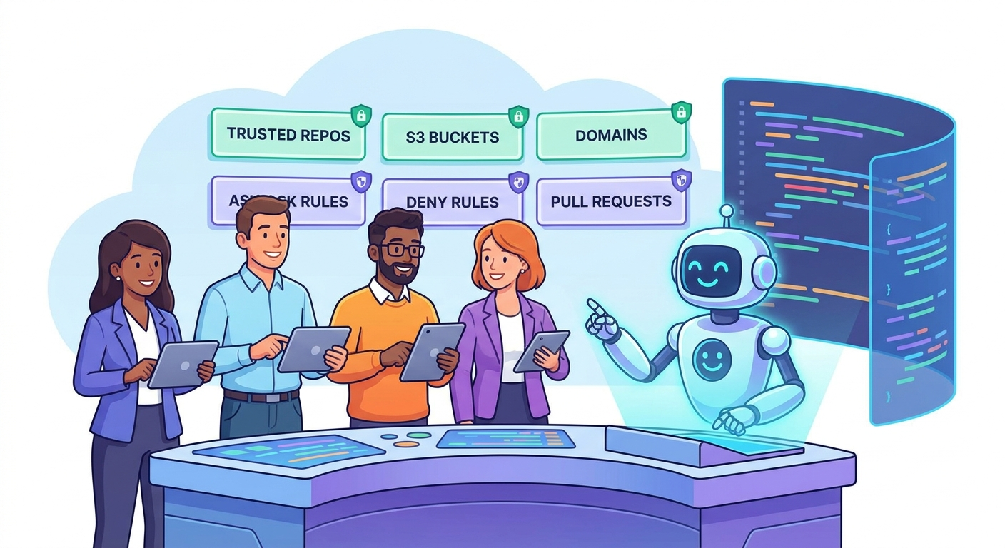 Cartoon software team configuring Claude Code Auto Mode guardrails for trusted repositories, buckets, domains, ask rules, and deny rules