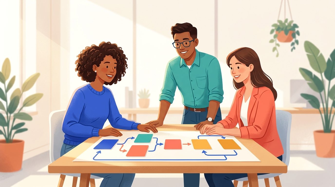 Cross-functional team reviewing a controlled AI agent update workflow