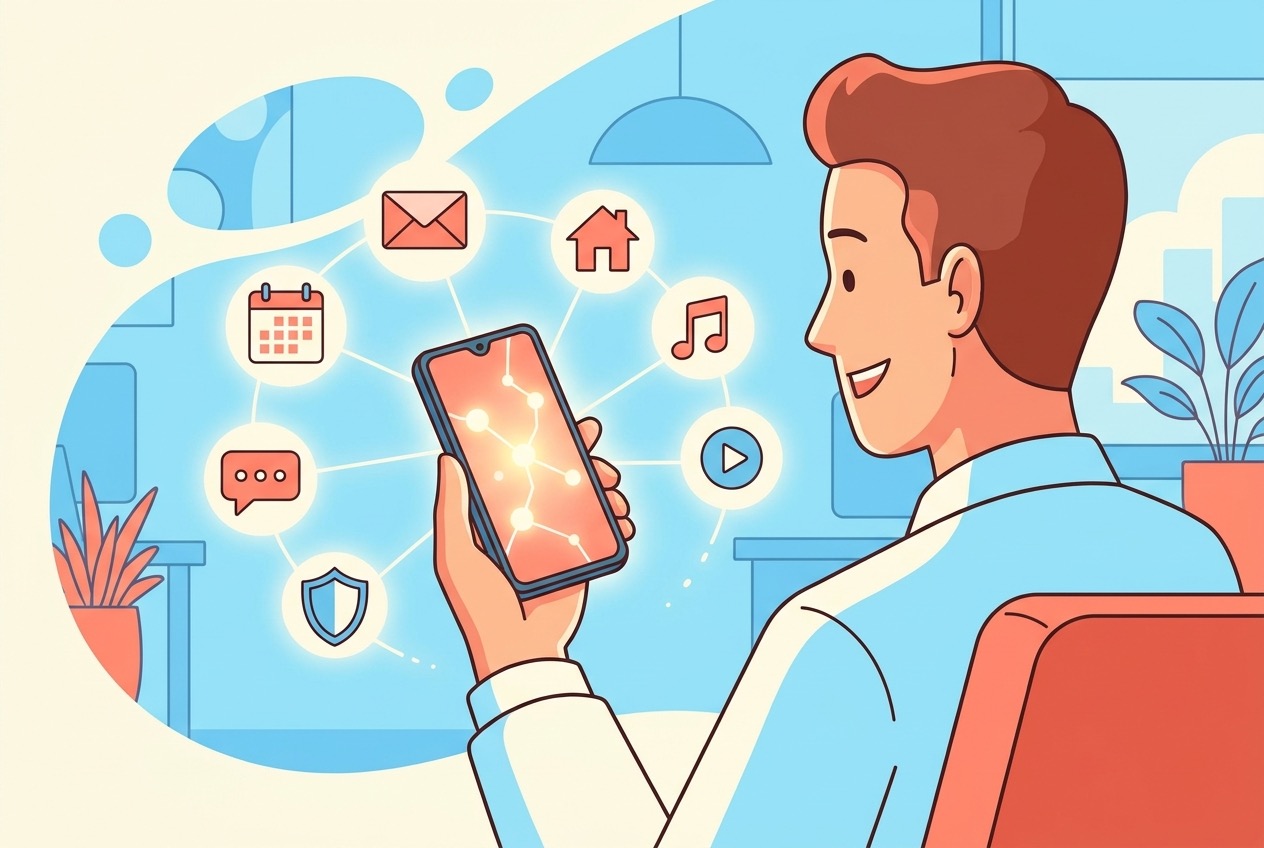 Cartoon Android user choosing useful Gemini Connected Apps with privacy controls