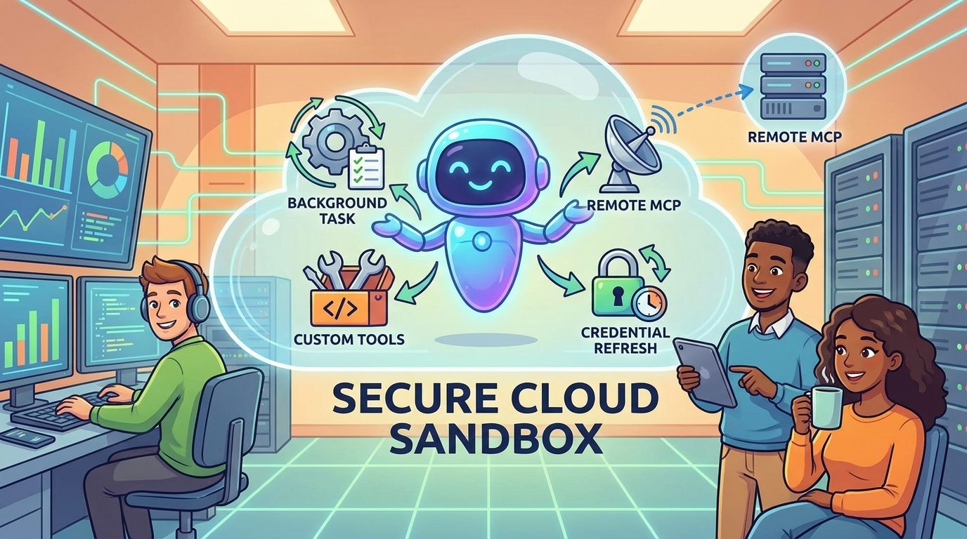 Cartoon developers watching Gemini managed agents run background tasks, remote MCP tools, and custom functions inside a secure cloud sandbox