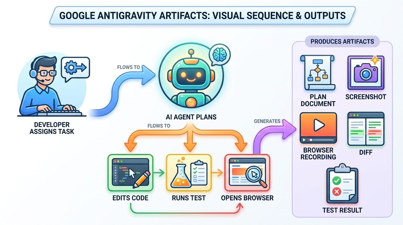 Colorful workflow diagram showing Google Antigravity agents producing plans screenshots recordings and diffs as review artifacts