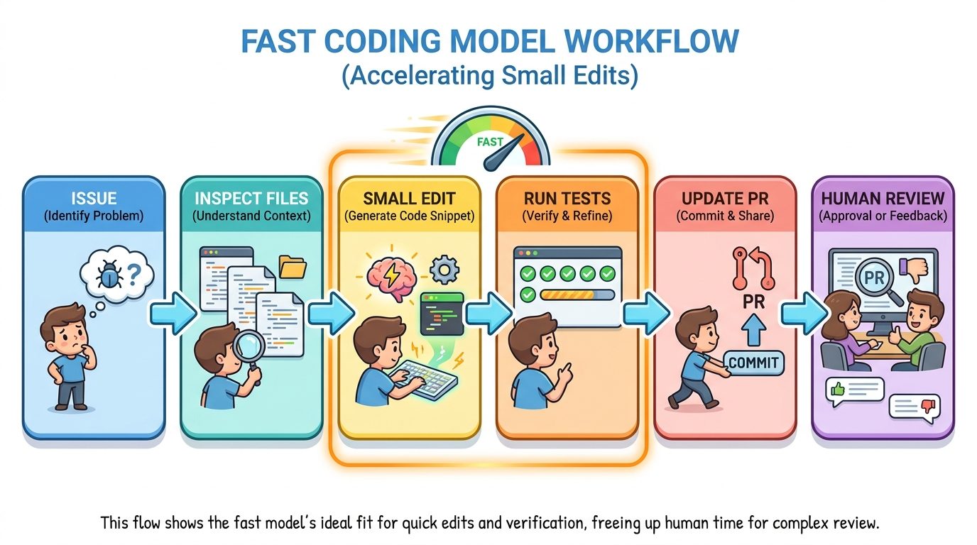 Flow diagram showing when a fast Copilot coding model fits edits tests reviews CLI and agent loops
