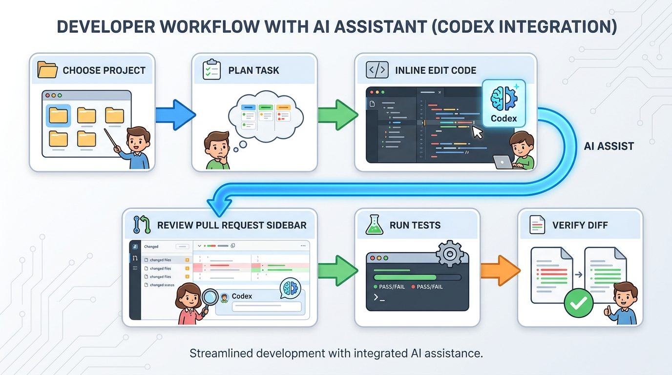 Flow diagram showing Codex desktop app workflow from project setup to inline edits, pull request review, multi repository context, remote approval, and final verification