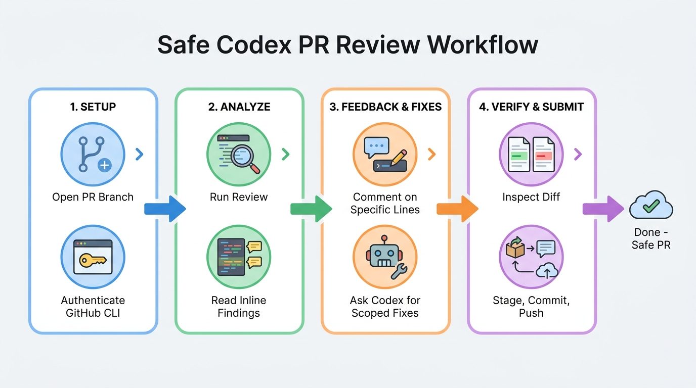 Flow diagram showing safe ChatGPT Codex pull request review workflow from PR branch to scoped fix and push