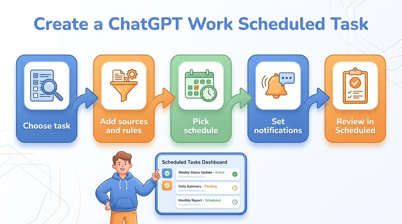 Flow diagram showing how to create a ChatGPT Work Scheduled Task from task idea to schedule, permissions, notification, and review