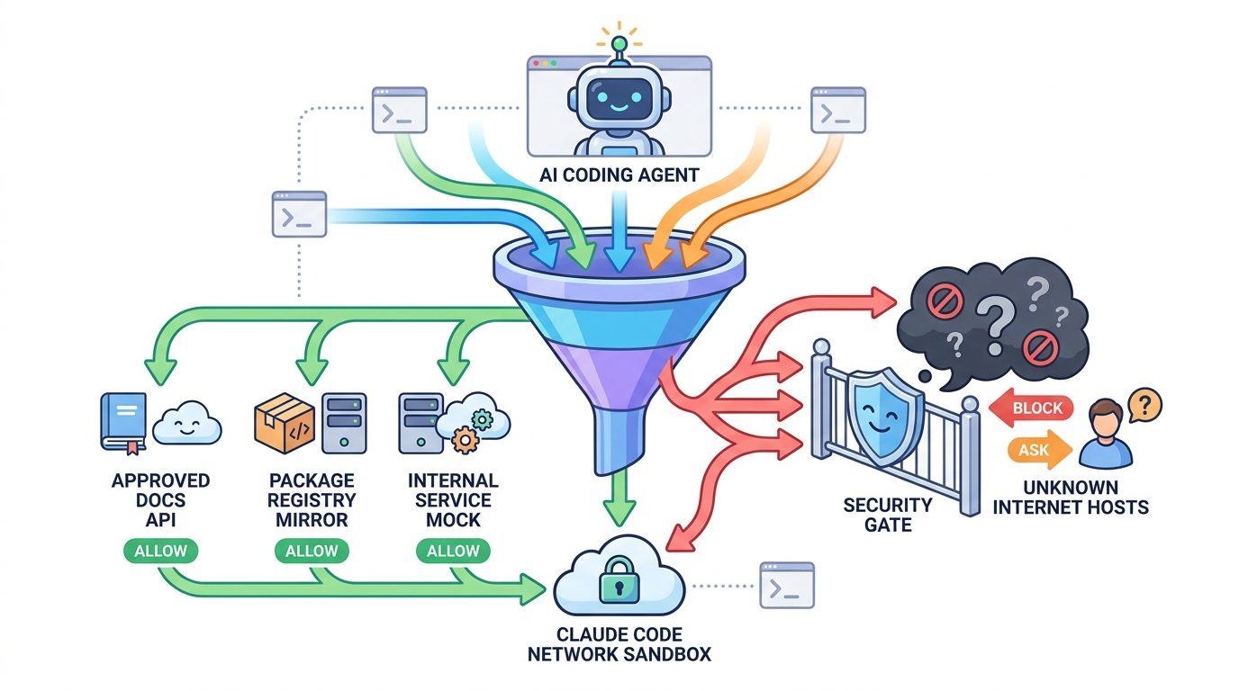Flow diagram showing a Claude Code agent sending approved network requests through a security gate while unknown hosts are blocked or sent to review
