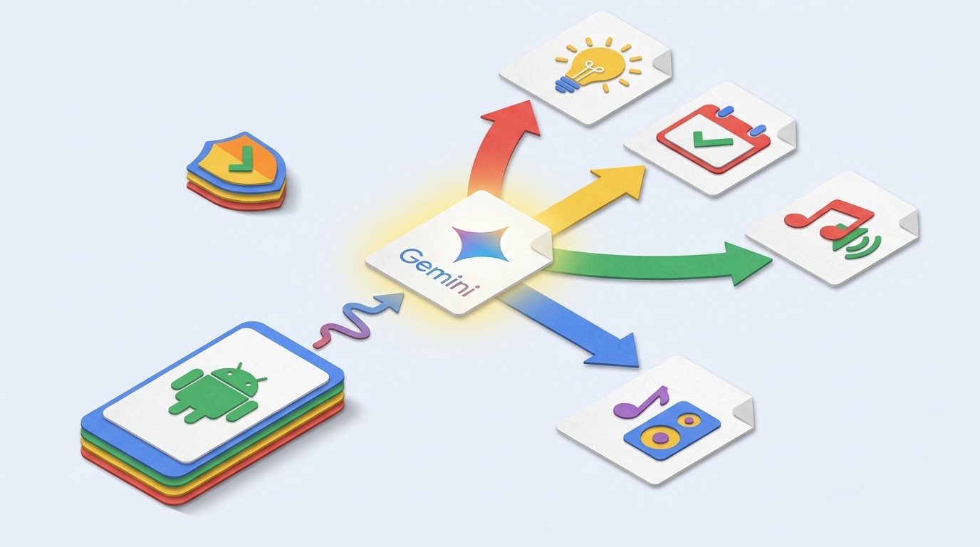 Simple flow diagram showing an Android Gemini request reaching smart lights, calendar, and music services