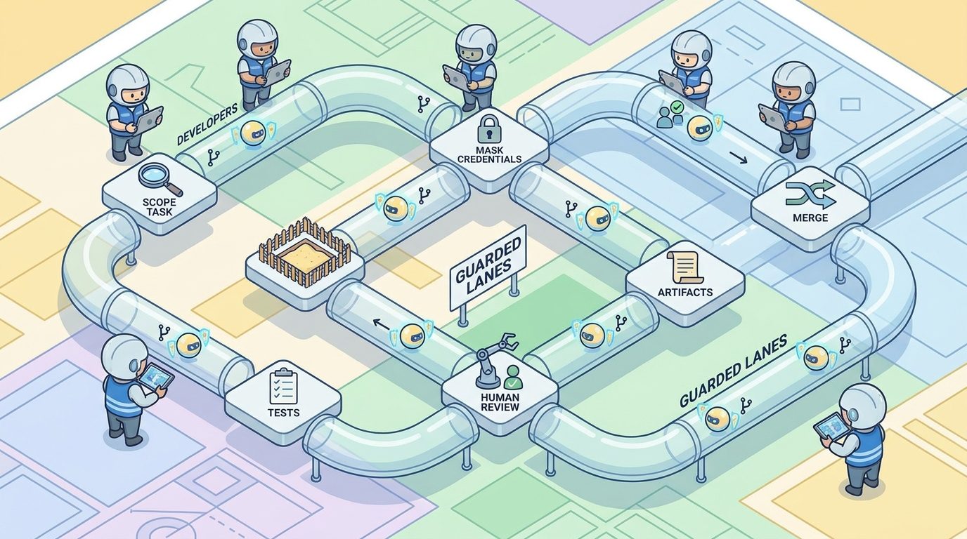 Birds eye view of a safe Google Antigravity workflow with planning sandboxing artifacts tests and human review checkpoints
