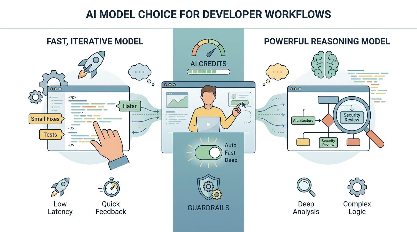 Comparison matrix showing fast model powerful model auto routing and human review in Copilot workflows