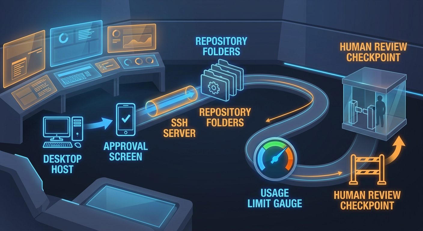Infographic showing ChatGPT desktop app host connected to Codex projects, mobile Remote approvals, SSH hosts, pull requests, usage dashboard, and verification checkpoints