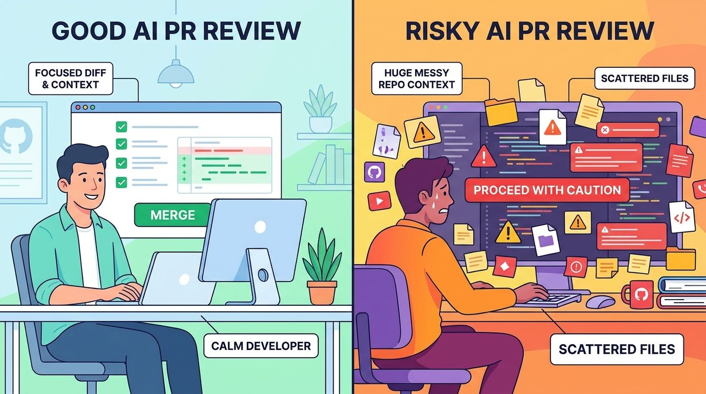 Split-screen illustration comparing focused Codex pull request review with risky broad AI editing