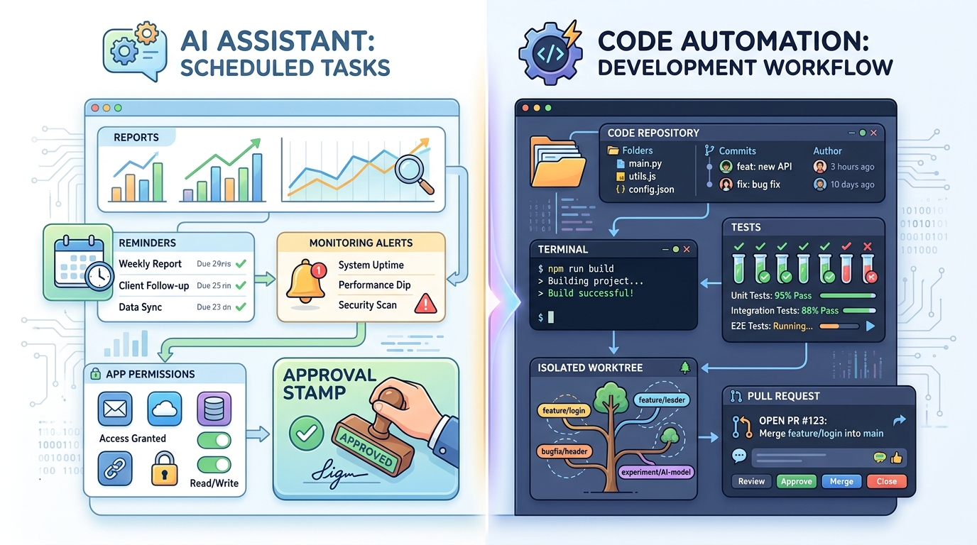 Split-screen comparison of ChatGPT Work Scheduled Tasks for reports and Codex automations for repository coding workflows