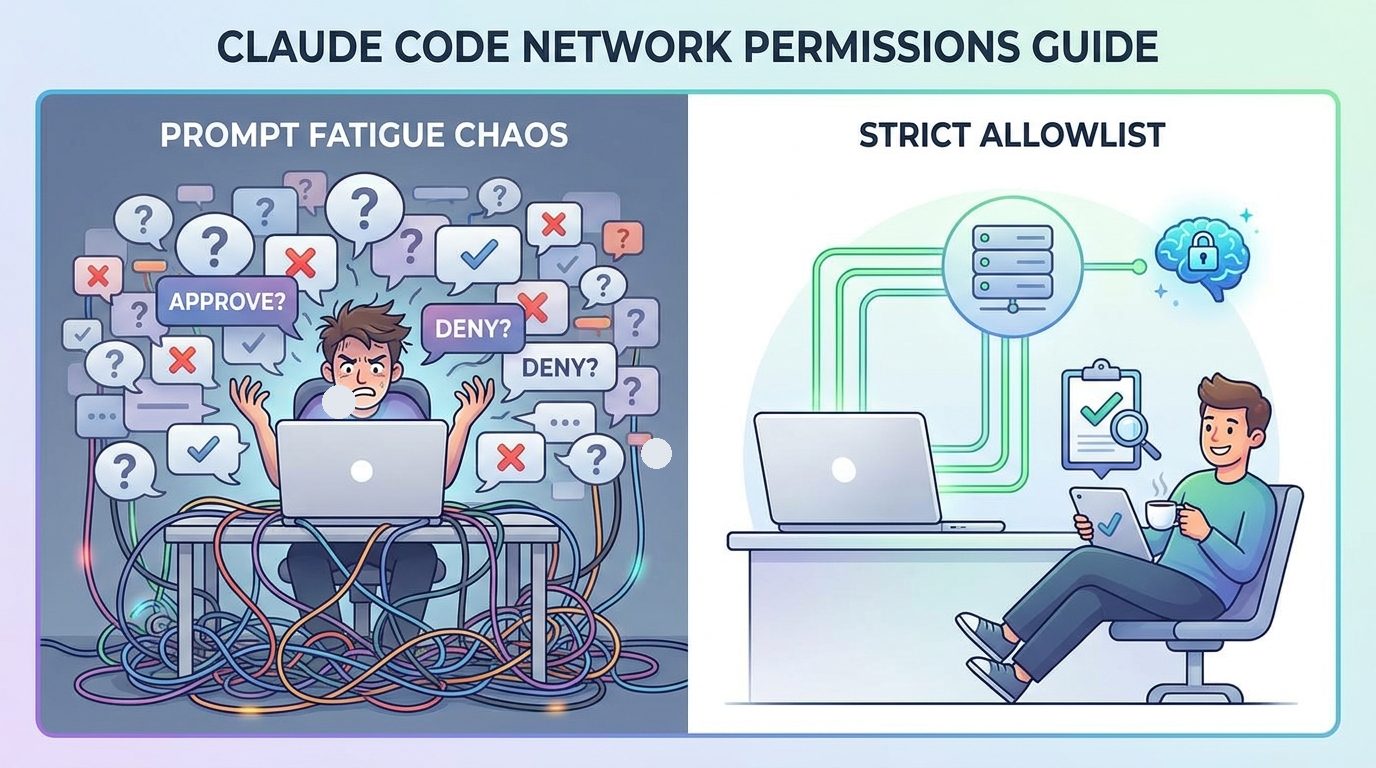 Split-screen comparison of chaotic approval prompts versus a calm strict network allowlist for Claude Code