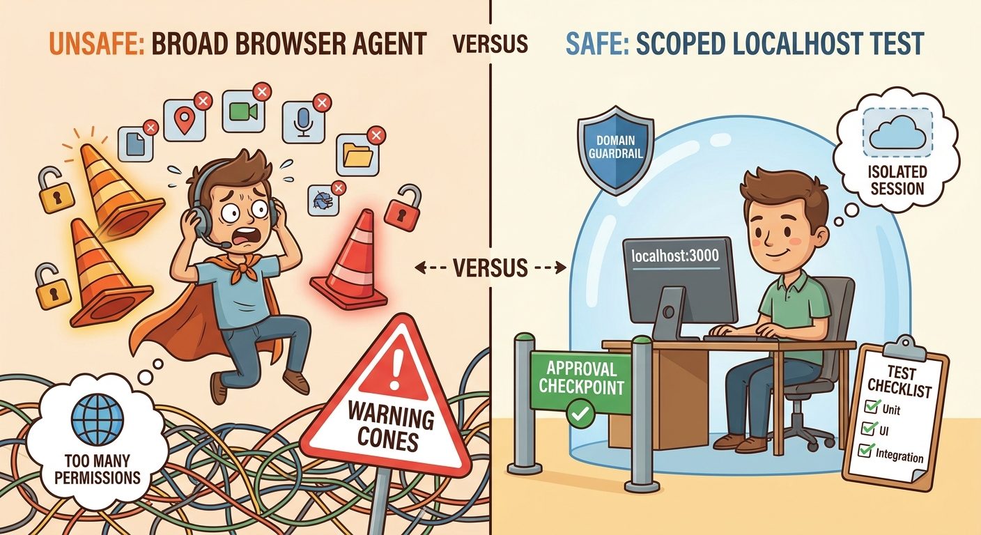 Safe GitHub Copilot browser tools setup for localhost testing with scoped permissions, private sessions, and approval checkpoints