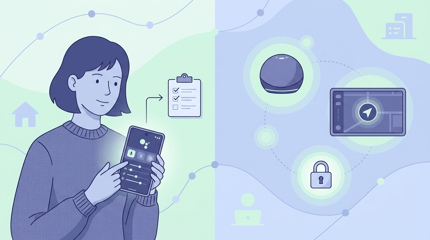Illustration of Android assistant settings, smart speaker, car dashboard, and a privacy checklist