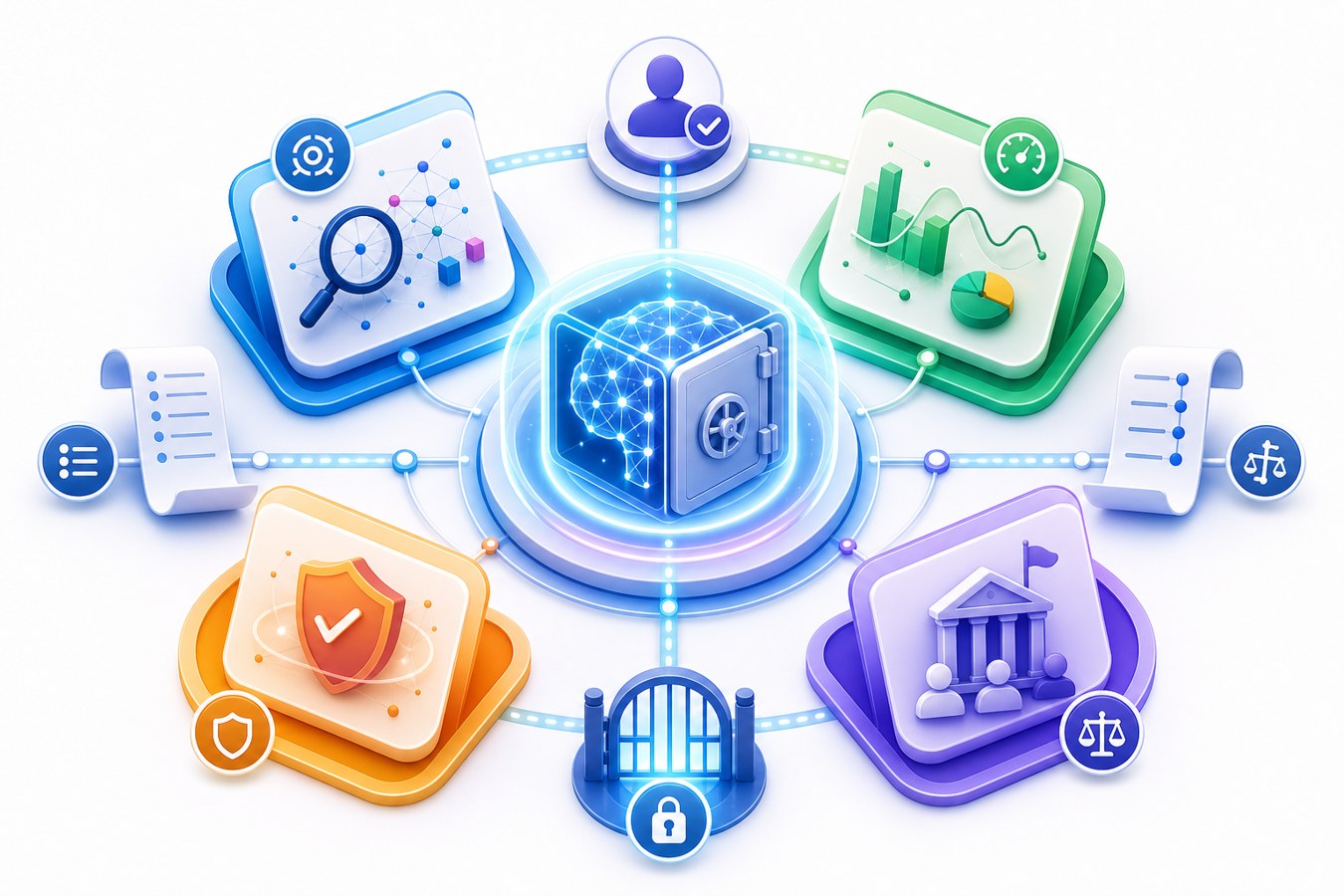 Educational illustration of AI risk management layers including identification, measurement, mitigation, governance, human review, and audit trails