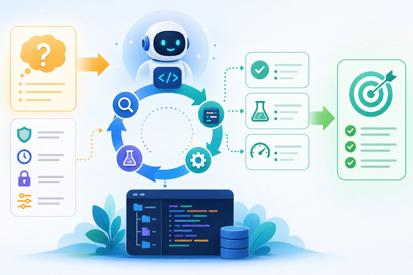 Illustration of Codex Goal Mode converting a software task into checks and completion criteria