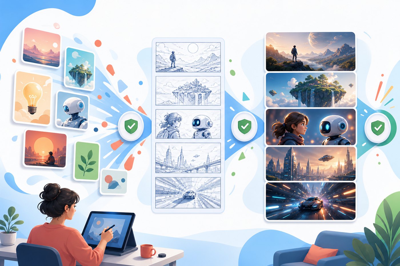Storyboard-to-video workflow illustration for Google Flow and Veo 3 credit planning