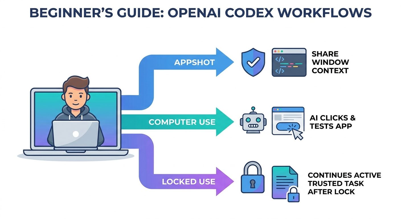 Flow diagram comparing Codex Appshots, Computer Use, and locked computer use