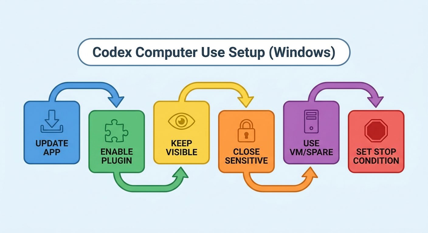A step by step Windows setup checklist for Codex Computer Use with visible app, safe desktop, app approval, and review checkpoint