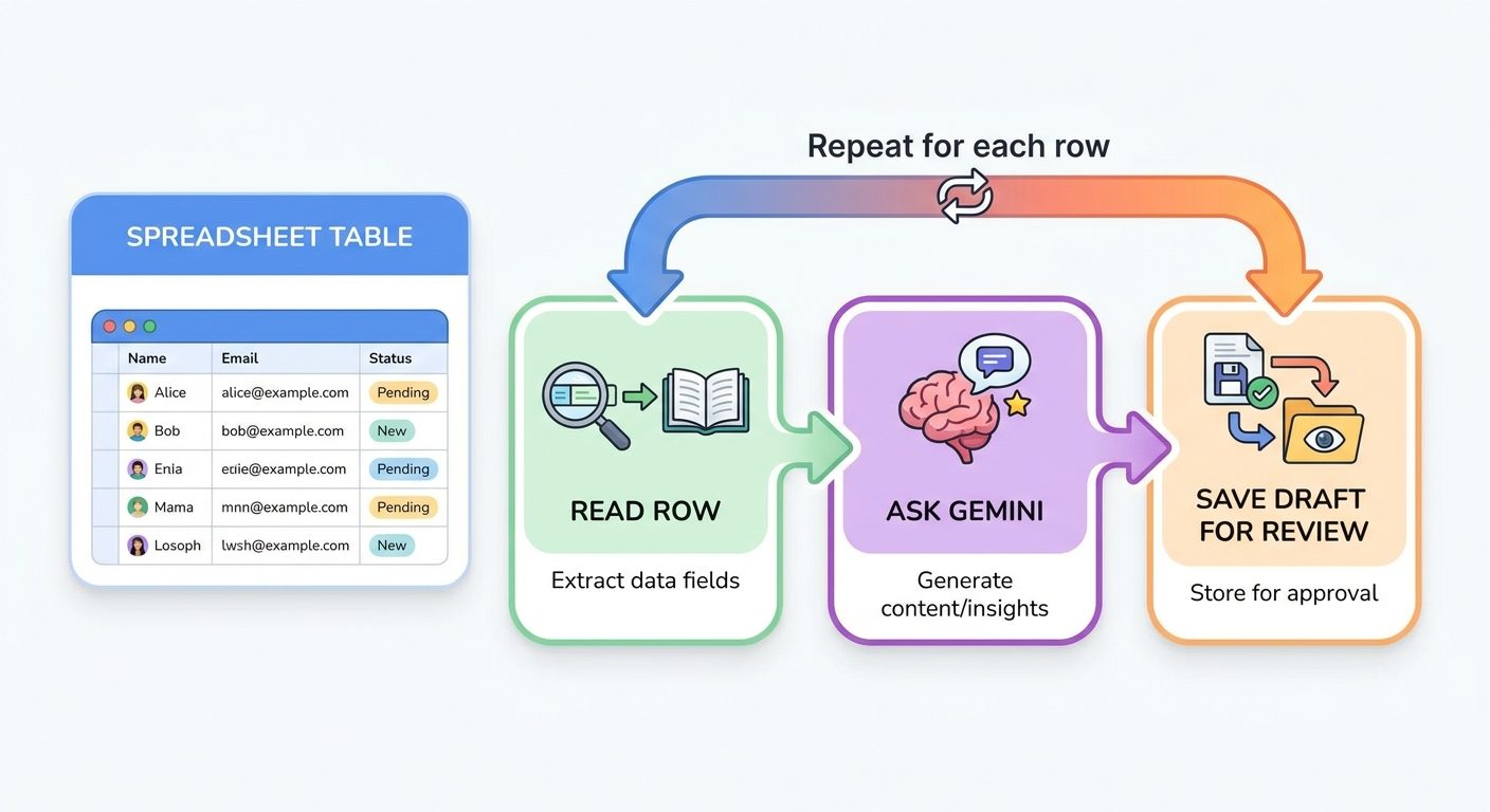 Flow diagram showing a Google Sheets table feeding Repeat for each and Ask Gemini draft review steps