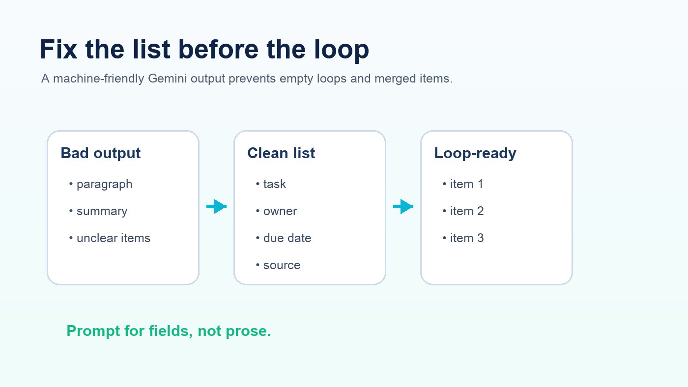 Flow diagram showing Ask Gemini producing clean list items before a Workspace Studio Repeat for each loop