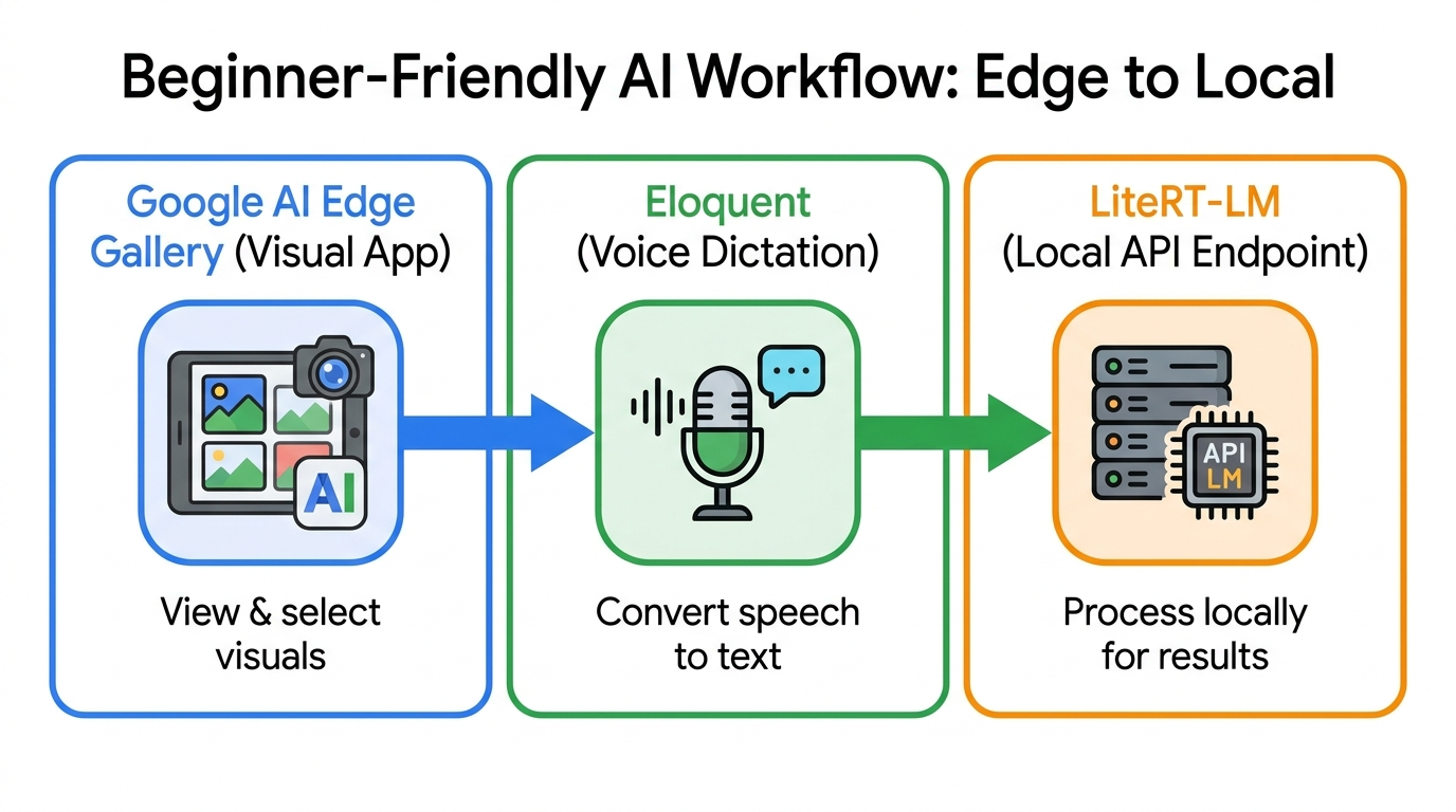 Flow diagram comparing Google AI Edge Gallery, Google AI Edge Eloquent, and LiteRT-LM for local Gemma workflows