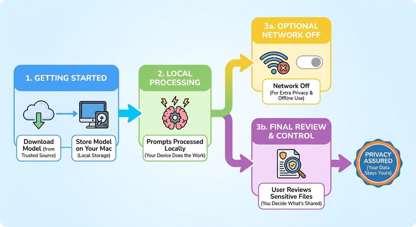 Flow diagram showing model download, local storage, local prompt processing, optional offline mode, and user review