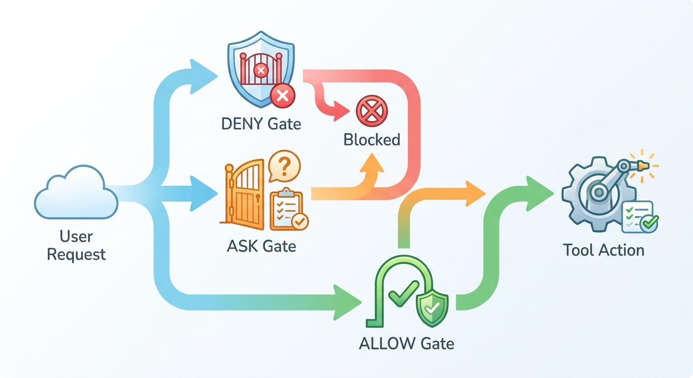 Flow diagram showing Claude Code permission evaluation through deny ask and allow gates