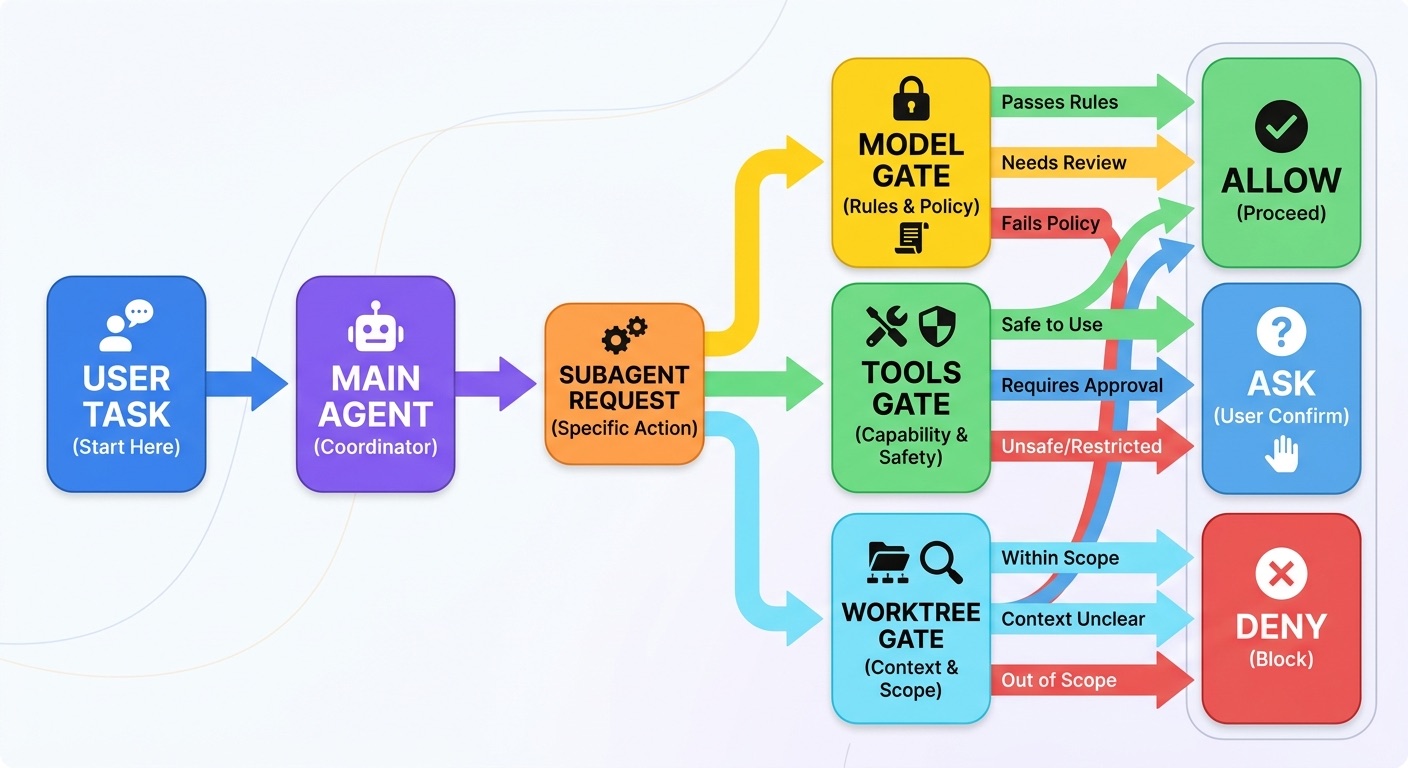 Flow diagram showing Claude Code subagent requests passing through model tool and worktree permission gates