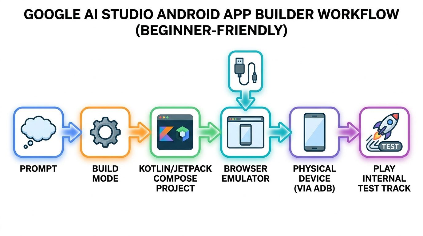 Flow diagram showing the Google AI Studio Android app builder workflow from prompt to Kotlin project, emulator preview, device install, and Play testing