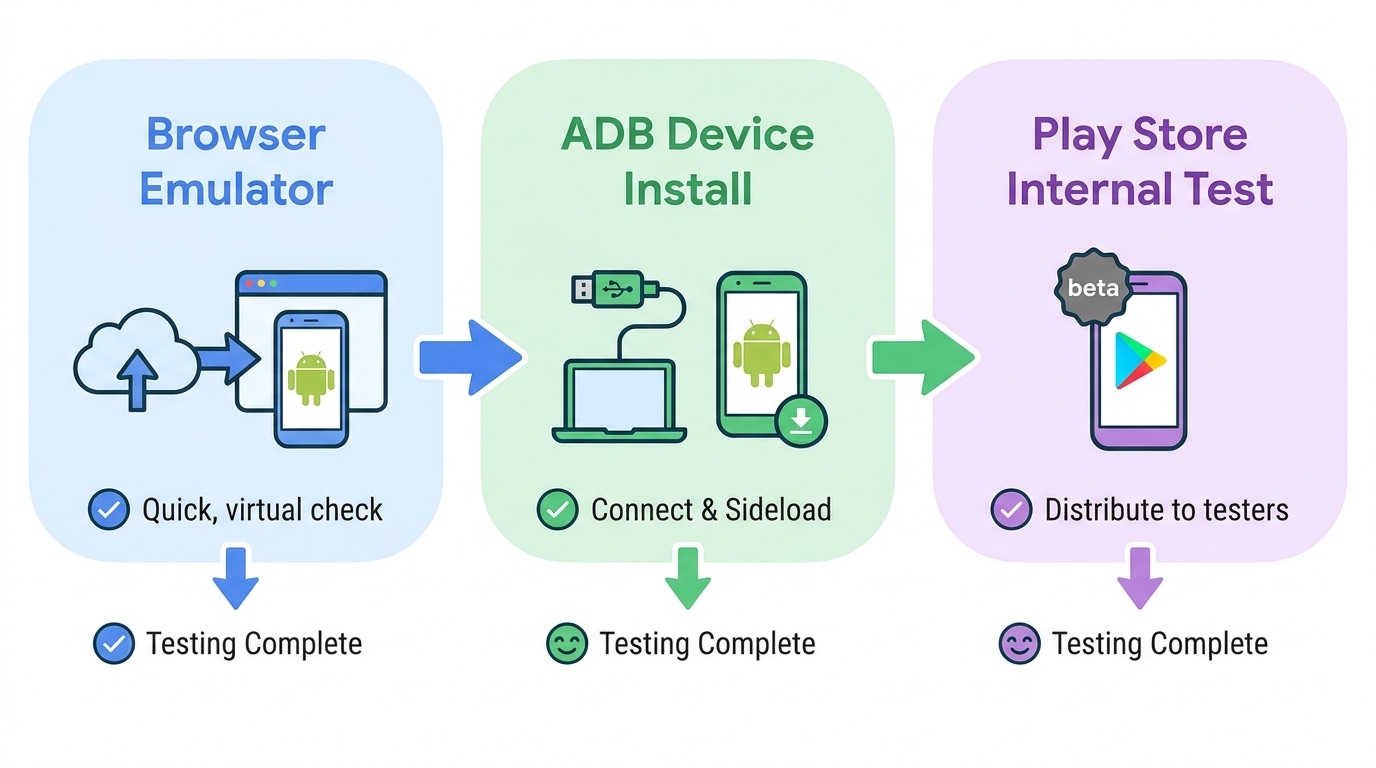 Colorful flow diagram showing AI Studio Android app testing stages from emulator to ADB device install to Play Store Internal Test Track