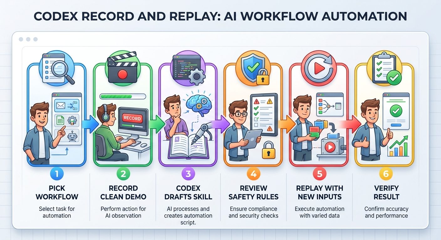 Step-by-step diagram showing a user recording a workflow in Codex, reviewing the generated skill, and replaying it with new inputs