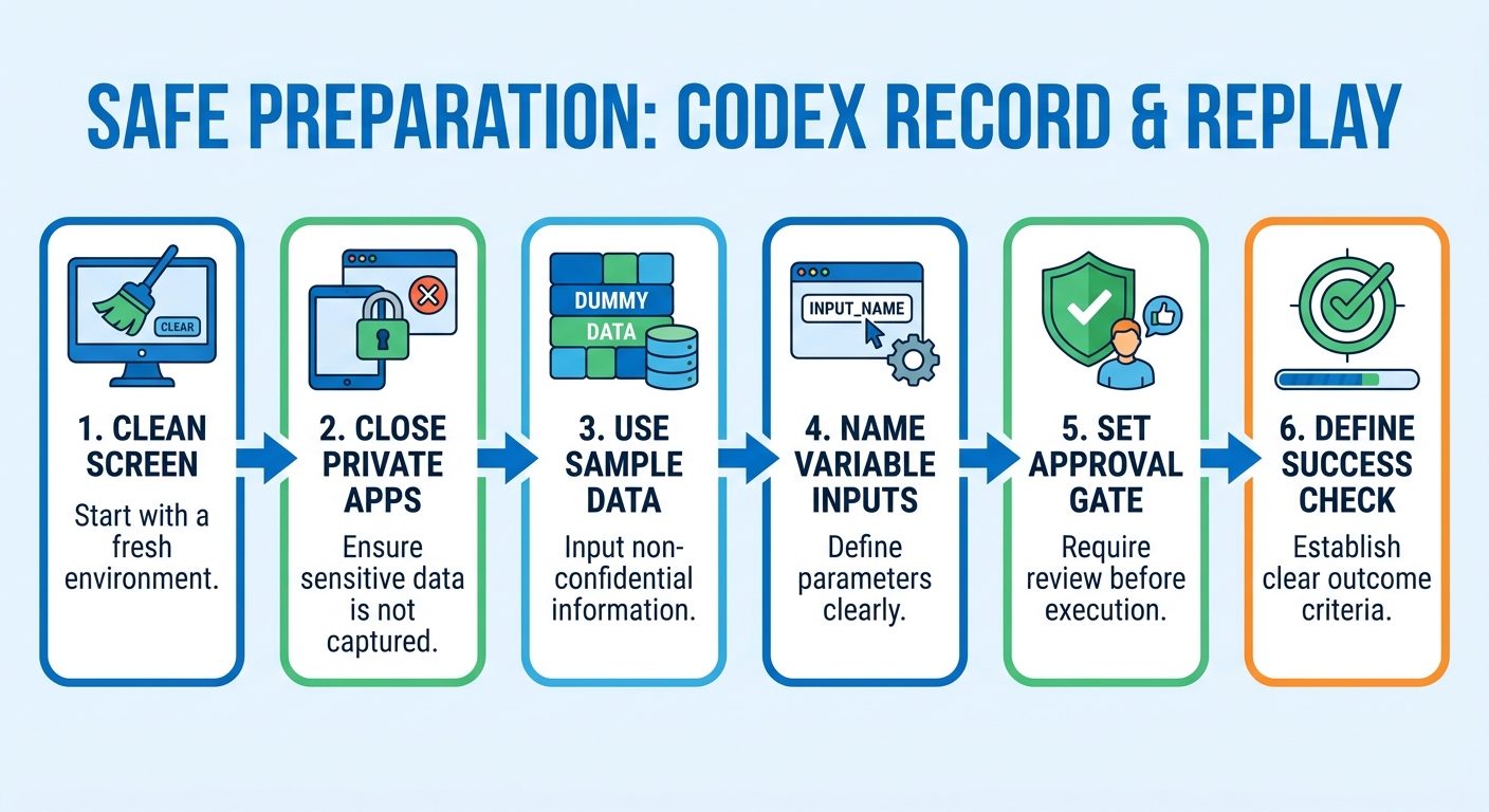 Clean SaaS-style checklist diagram showing safe preparation steps before recording a Codex Record and Replay skill
