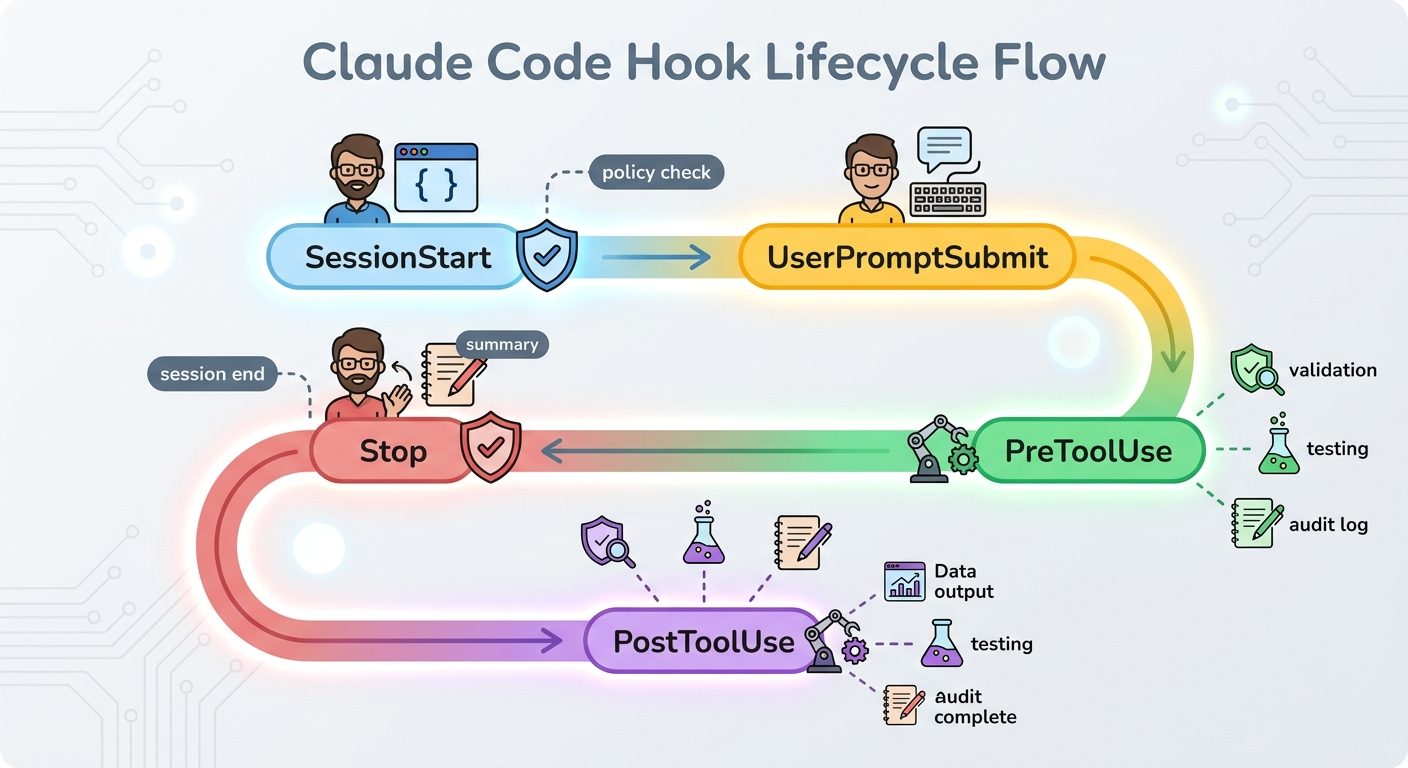 Colorful workflow diagram showing Claude Code hook events from prompt submission to tool use, permission checks, file edits, tests, and session stop