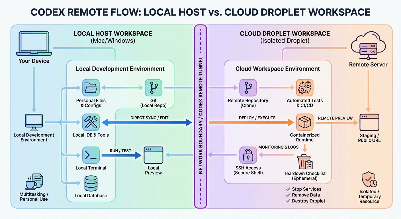 Split-screen diagram comparing Codex Remote on a local computer with a DigitalOcean cloud droplet workspace
