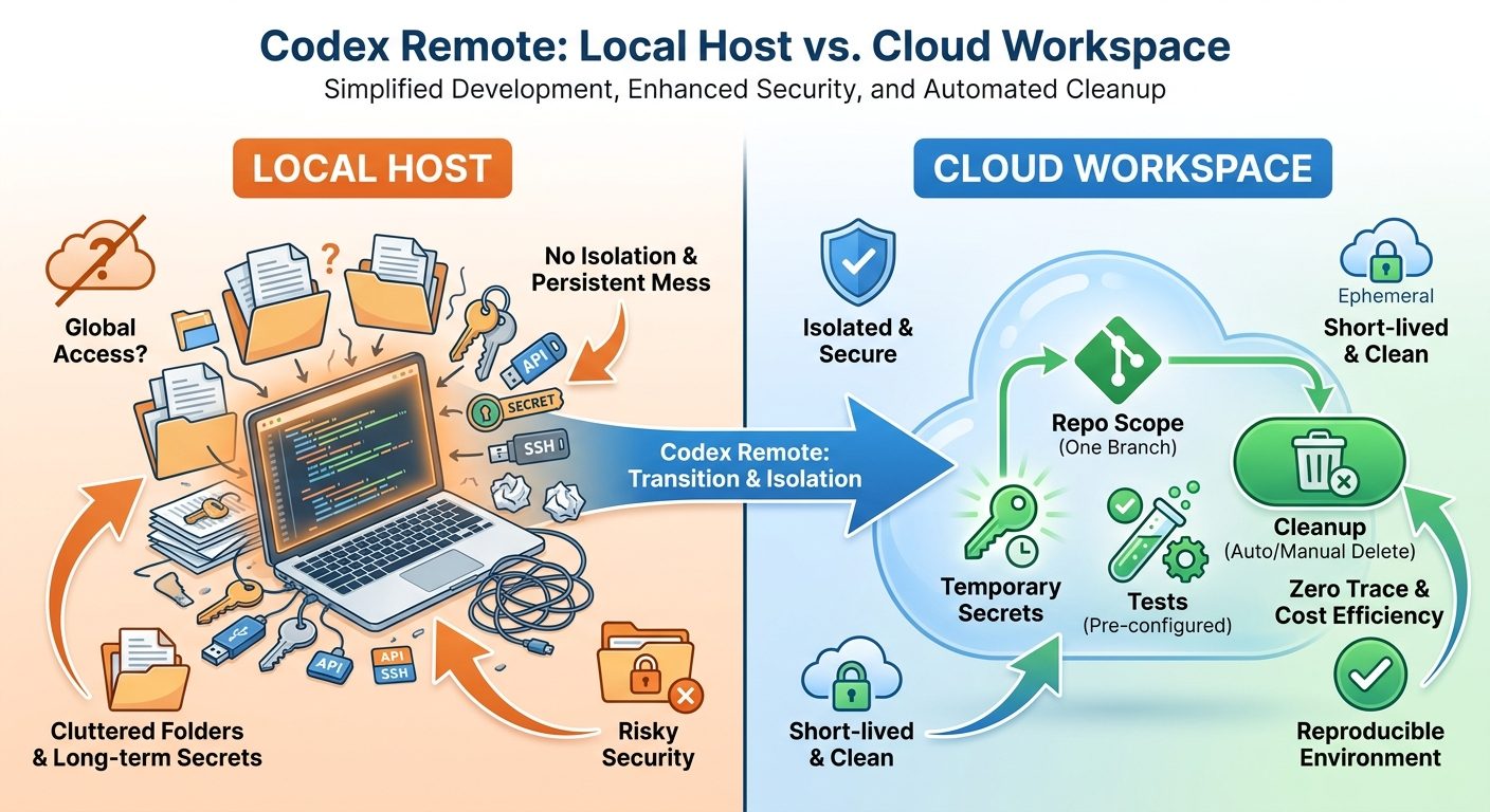 Split-screen SaaS diagram comparing a local Codex Remote host with a DigitalOcean cloud workspace, showing repository scope, secrets, tests, and cleanup