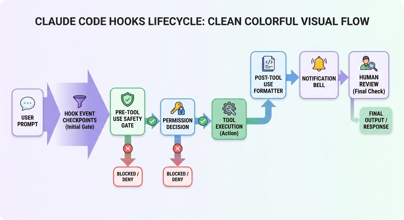 Clean flow diagram showing Claude Code hook lifecycle from prompt to PreToolUse, permission request, tool execution, PostToolUse, notification, and review